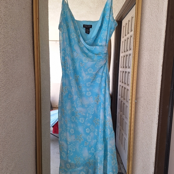 NewYork & Company Dress! Sz12 Sky Blue Ruched Wrap Bodice Spaghetti Strap - Picture 9 of 11